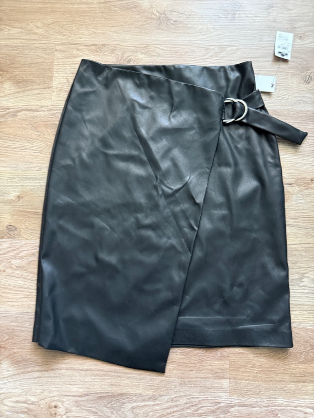 Calvin Klein Black Faux Leather Wrap Pencil Skirt with D-Ring